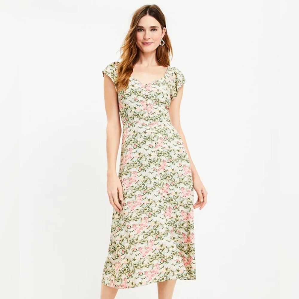 NWT Petite Floral Cap Sleeve Button Midi Dress